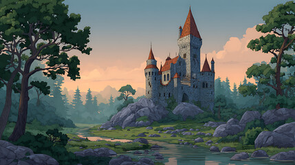 Obraz premium Old fairy tale castle on rock in forest as illustration