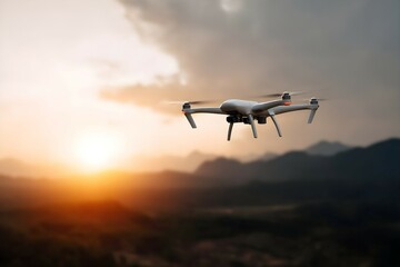Fototapeta premium A white drone is flying in the sky above a mountain range
