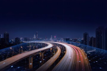 Obraz premium A city at night with a highway in the middle