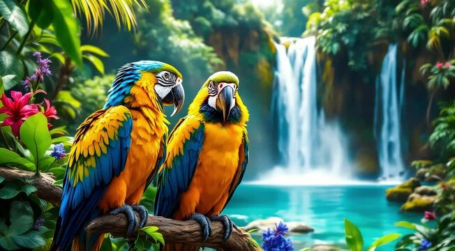 Two vibrant macaws perch amidst a lush tropical waterfall A captivating image of two colorful macaws perched on a branch overlooking a serene tropical waterfall cascading into a turquoise pool.