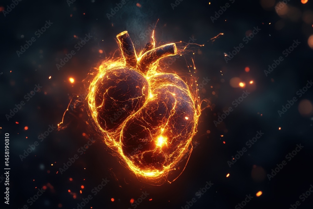Poster electric heart pulsating with sparks in an energetic display of light and motion, electrical heart b