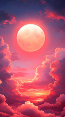 A large, crimson moon dominates a vibrant pink and purple sunset sky, partially obscured by fluffy clouds