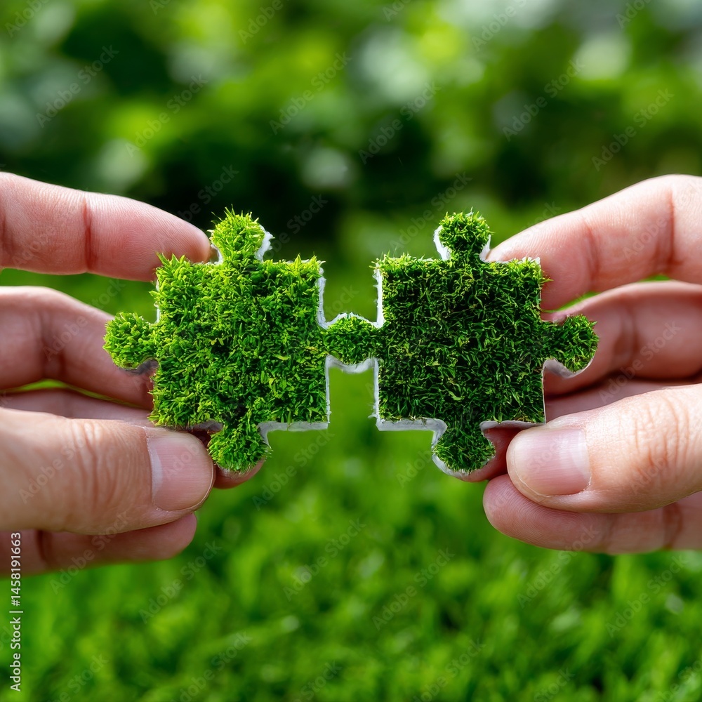 Poster connecting for a greener future: hands join moss-covered jigsaw pieces, symbolizing unity and enviro