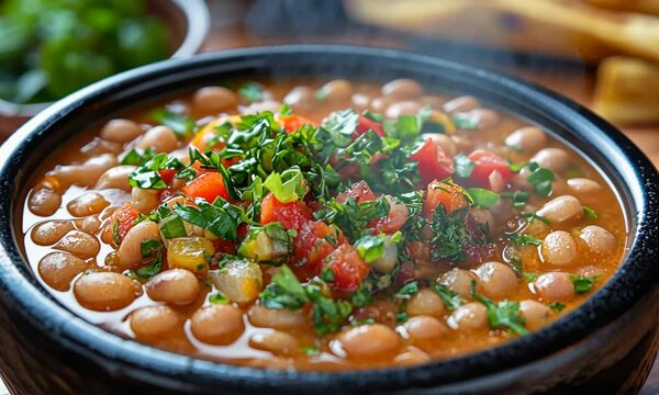 A steaming bowl of hearty bean stew garnished with fresh herbs and diced tomatoes, served on a rustic wooden table with additional ingredients in the background