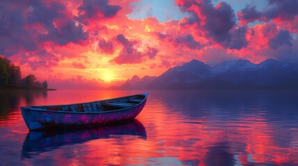 Fototapeta premium Rowboat on calm lake sunset colors high resolution image
