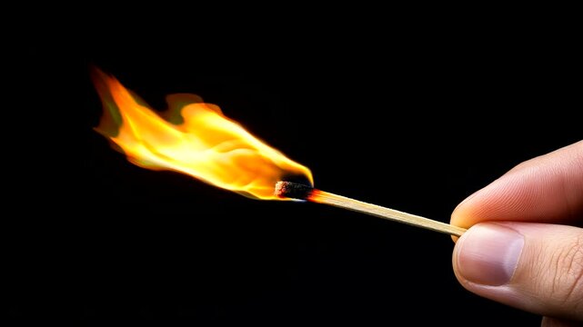 A hand holds a burning matchstick on dark background