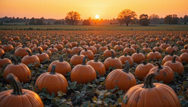 A large pumpkin patch filled with many pumpkins at sunset with trees in the background landscape view