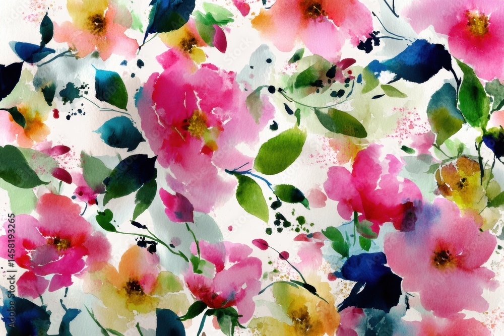 Poster Watercolor Splash With Dreamy Floral Pattern Showcasing Vibrant Colors and Loose Brushwork in Springtime Freshness Generative AI