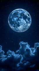 Obraz premium A luminous celestial body dominates a night sky filled with scattered stars and dark, billowing clouds