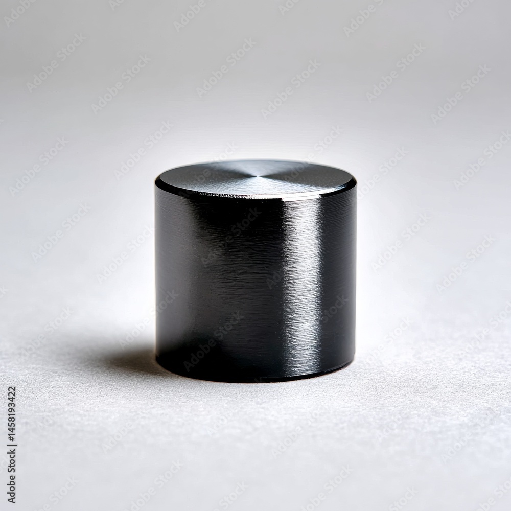Poster minimalist still life: dark metal cylinder on textured gray surface with subtle lighting and shadows