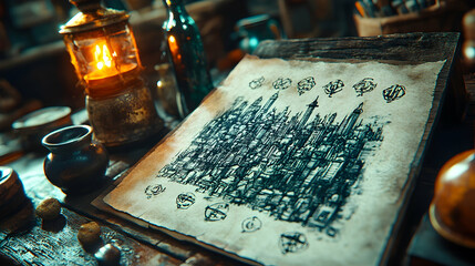 An antique parchment depicts a gothic city amidst arcane symbols, illuminated by a lantern's glow on a dark wooden table with apothecary jars