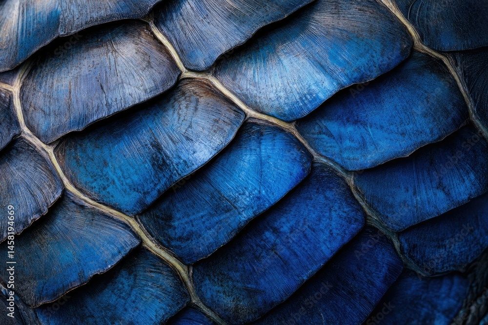 Poster close-up view of deep blue scales, intricate texture and pattern.