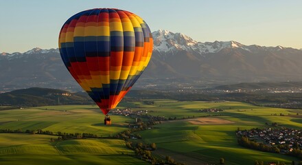 Obraz premium A colorful hot air balloon with blue, yellow, orange, and red stripes floats above green fields and small towns, with snow-capped mountains in the scenic background