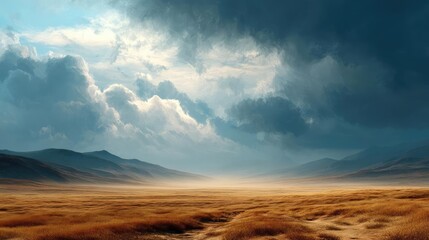 Panorama sand storm above dry dune with huge dust cloud concept. A serene landscape showcasing golden fields under dramatic skies.