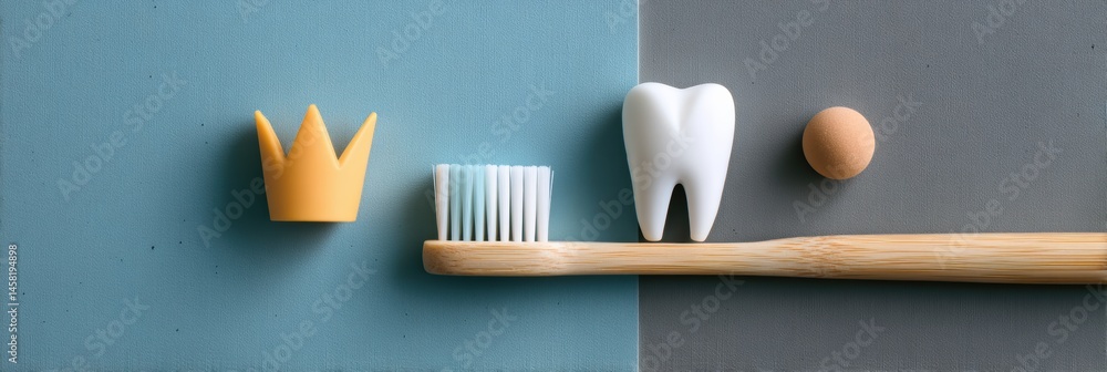 Poster exploring dental hygiene with toothbrush and implant crown in modern flat lay arrangement on texture