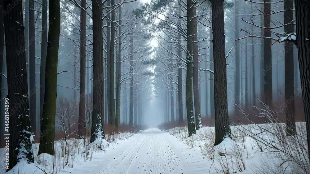 Poster serene winter forest path through snowy trees in fog