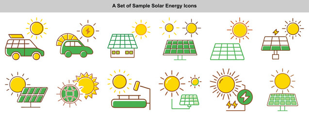Fototapeta premium Solar Energy Vector Icons Set: Green Cars, House, Panels, Water Heater, Battery Charging, Sun, isolated on white