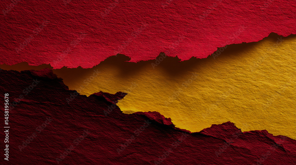 Poster abstraction textured background with torn reddish and yellow paper.