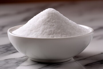 White sugar mound in a porcelain bowl reflecting culinary richness and baking potential on a marble countertop highlighting simplicity and elegance in food preparation settings