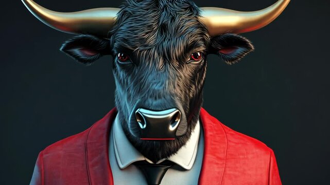 Bull in a suit stands confidently against a dark background showcasing a striking blend of professionalism and wild nature
