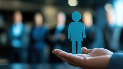 Hand holding a person cutout,  team in background