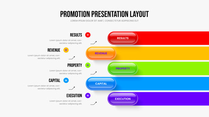 Fototapeta premium Enterprise Planning Slideshow Layout Vector Illustration. Marketing Campaign Five Option Infographic Frame Design. Creative Development 5 Element Diagram Presentation Template.