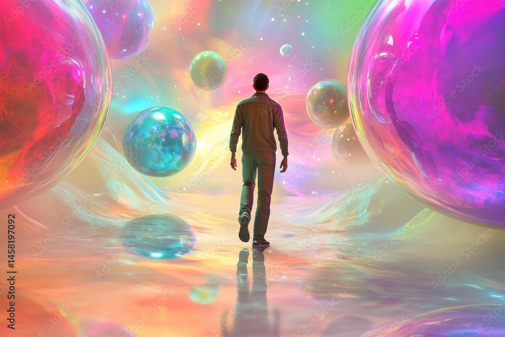 Aufkleber futuristic journey of a man walking through an abstract colorful landscape filled with luminous sphe