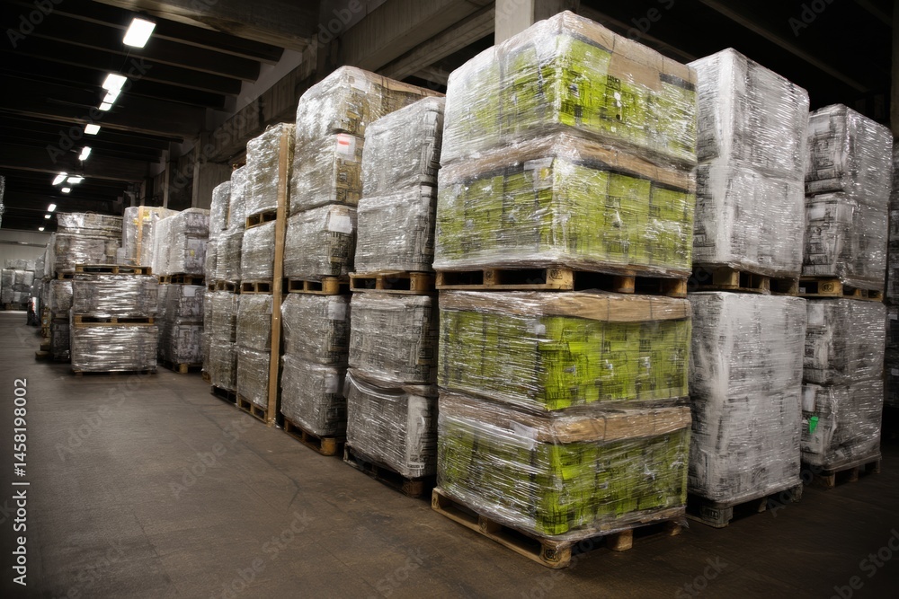 Poster warehouse loaded with stacked pallets wrapped in plastic film during daylight hours generative ai