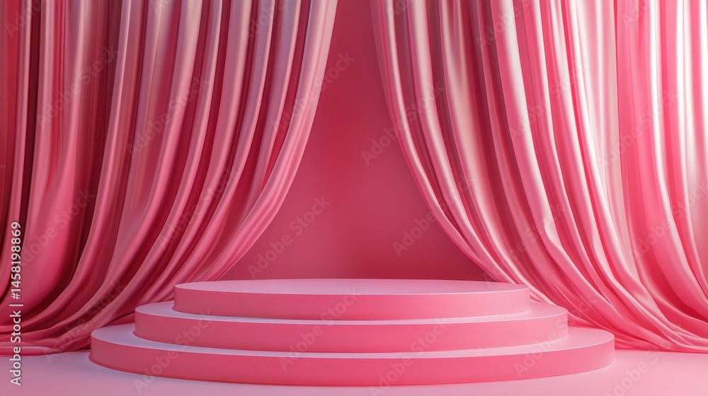 Poster pink layered platform with draped curtains product display scene