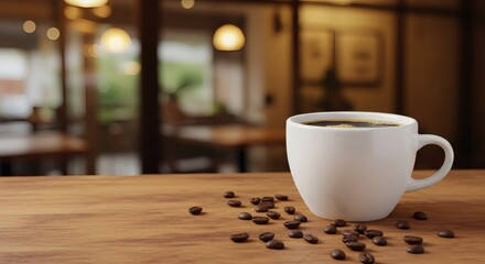 Fototapeta premium Enjoying Fresh Hot Coffee Cup with Beans in Warm Restaurant Setting