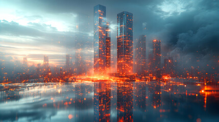 Obraz premium Futuristic city skyline at sunset, reflected in calm water, with fiery orange and blue hues dominating the skyscrapers and atmosphere
