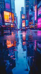 Obraz premium Neon-lit city street, rain reflecting vibrant billboards and skyscrapers in puddles