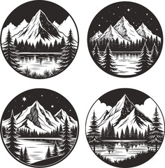 Mountain Lake Nature Scenes Black and White Silhouette Vector Illustration