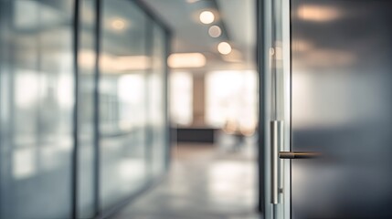 Blurry office interior with open door modern workspace business environment depth perspective