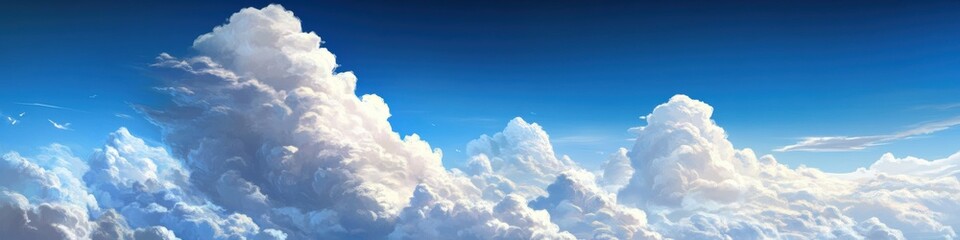 Panoramic view of fluffy clouds under a blue sky nature scene tranquil landscape wide-angle perspective