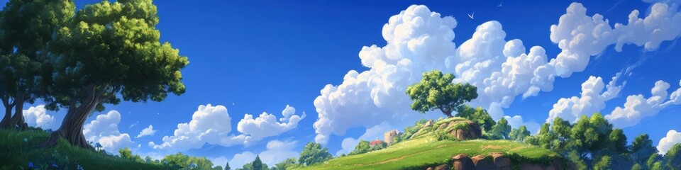 Obraz premium Panorama of fluffy clouds and blue sky nature landscape serene environment vibrant viewpoint