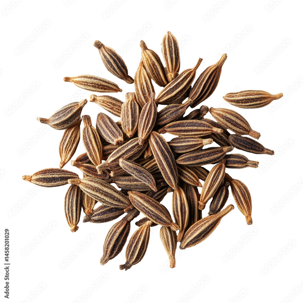 Poster dried caraway seeds isolated on a transparent background showing their unique shape and color variat