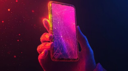 Hand holding a vibrant smartphone with a digital network display