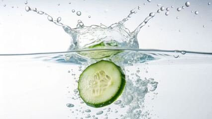 Cucumber slice dropping into clear water with bubbles and ripples high-speed photography bright lighting effect