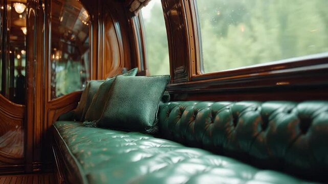Luxurious green velvet seating in an elegant train carriage with scenic views outside