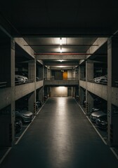 Fototapeta premium A contemporary apartment building’s underground garage, faintly illuminated.