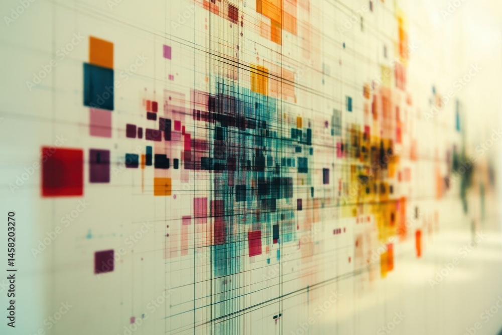 Poster data processing visualization with colorful diagrams and squares illustrating complex information fl