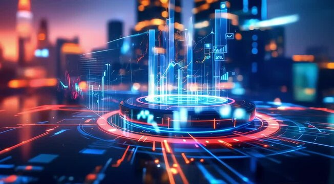 Futuristic city skyline with holographic financial data overlay A dynamic image showcasing a futuristic cityscape at night, overlaid with glowing holographic financial data visualizations.