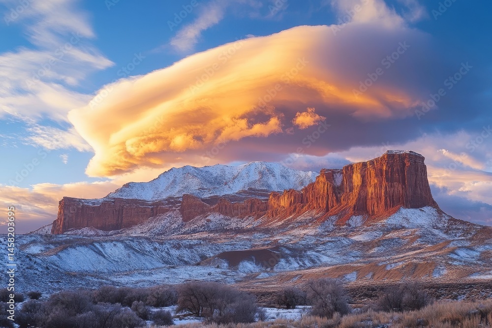 Poster timelapse of dynamic clouds drifting over magnificent snowcapped mountain range at sunset, time-laps