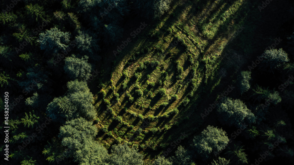 Poster aery view of a forest experimental plot with a round planting pattern.