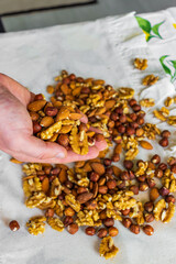 Mix of nuts as a background. Top view. 