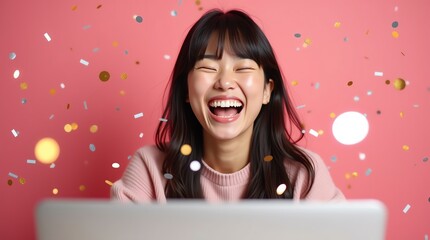 Ecstatic Asian woman celebrates success with confetti