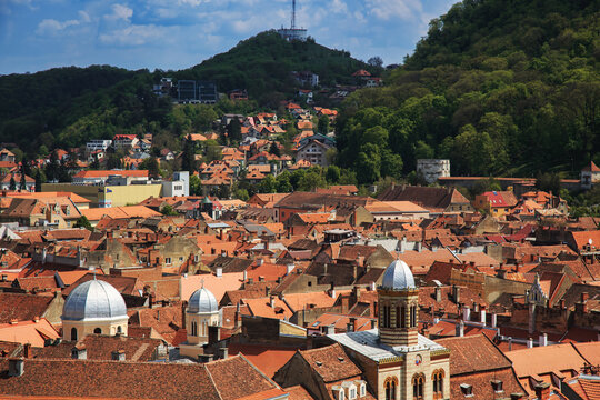 Brasov, district Transylvania, Romania, Europe. Aerial view of the city.