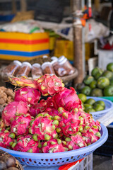 Local market with exotic fruits in Vietnam, Nha Trang resort.
