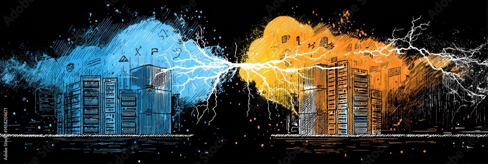 Leinwandbilder Clashing Clouds Shaped Like Tech Servers With Lightning Bolts in a Dramatic Digital Storm Generative AI